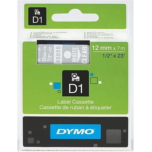 Taśma D1 do drukarek 12mm x 7m biały/przezroczysty 45020 Dymo S0720600