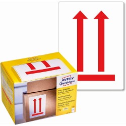 Naklejki ostrzegawcze TUTAJ GÓRA 74 x 100 mm, czerwone etykiety papierowe 200 etyk. / op., etykiety na paczki, znaki ostrzegawcze 7250 Avery