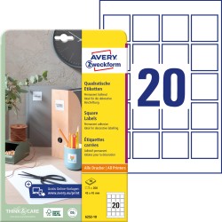 Etykiety papierowe 45 x 45 mm, białe etykiety kwadratowe z trwałym klejem, etykiety do oznaczenia 10 ark. / op., etykiety na QR kody, Avery 6252-10