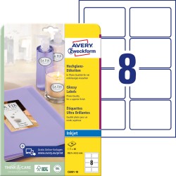 Etykiety samoprzylepne błyszczące 88,9 x 63,5 mm, białe etykiety papierowe z trwałym klejem, etykiety do oznaczenia 10 ark. / op., Avery C6081-10