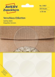 Naklejki do zaklejania opakowań Ø 38 mm, przezroczyste naklejki z trwałym klejem, naklejki foliowe 25 ark., 225 naklejek / op., Avery 51067
