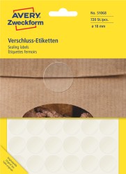 Naklejki do zaklejania opakowań Ø 18 mm, przezroczyste naklejki z trwałym klejem, naklejki foliowe 15 ark., 720 naklejek / op., Avery 51068
