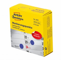 Kółka do zaznaczania w dyspenserze Ø 19 mm, niebieskie etykiety papierowe, etykiety okrągłe z trwałym klejem, etykiety do oznaczenia 250 szt. /rolka, Avery 3857