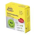 Kółka do zaznaczania w dyspenserze Ø 19 mm, zielone etykiety papierowe, etykiety okrągłe z trwałym klejem, naklejki Uśmiechnięta buźka 250 szt., Avery 3858