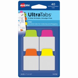 Zakładki indeksujące Ultra Tabs 25,4 x 38 mm, kolorowe neonowe zakładki indeksujące 40 szt., Avery 74759