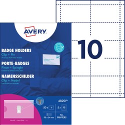 Holdery na identyfikatory z klipsem i agrafką; zestaw identyfikatorów 54 x 90 mm, 50 szt. etui na identyfikatory + 5 ark. / 50 wkładów do zadruku, AVERY 4820