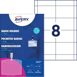 Holdery na identyfikatory z klipsem, zestaw identyfikatorów 60 x 90 mm, 25 szt. etui na identyfikatory + 4 ark. / 32 wkłady do zadruku, AVERY 4822
