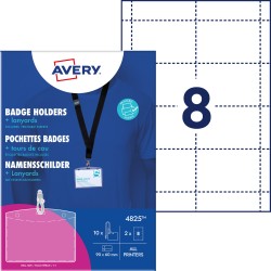 Holdery na identyfikatory ze smyczą; zestaw identyfikatorów 60 x 90 mm, 10 szt etui na identyfikatory + smycze na identyfikator + 2 ark / 16 wkładów, AVERY 4825