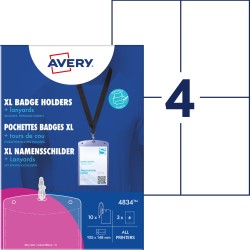 Holdery na identyfikatory A6 ze smyczą, zestaw identyfikatorów 105 x 148 mm, 10 szt. etui na identyfikatory + smycze + 3 ark. / 12 wkładów, AVERY 4834