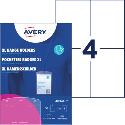 Holdery na identyfikatory A6, zestaw identyfikatorów 105 x 148 mm, opak. XL,  50 szt. etui na identyfikatory + 13 ark. / 52 wkłady do zadruku, AVERY 4834XL