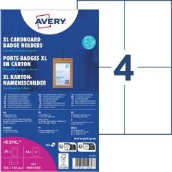 Holdery na identyfikatory A6 tekturowe, zestaw ekologicznych identyfikatorów 105 x 148 mm, opak. XL, 50 szt. etui na identyfikatory + 52 wkłady, AVERY 4839XL