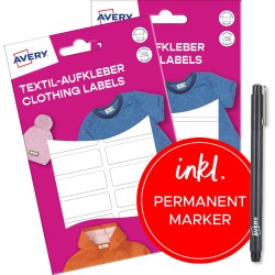 Naklejki na ubrania; 46 x 13 mm, ZESTAW 2 x opak. 2ark/36 naklejek, + Marker, białe, AVERY