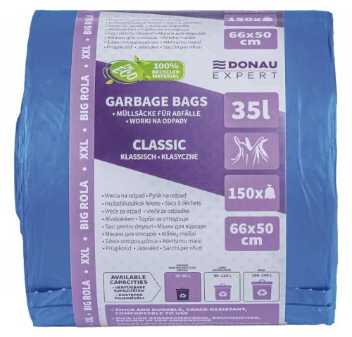 Worki na odpady DONAU EXPERT, klasyczne, Big Rola XXL, z uszami, 35l, 150 szt., niebieskie